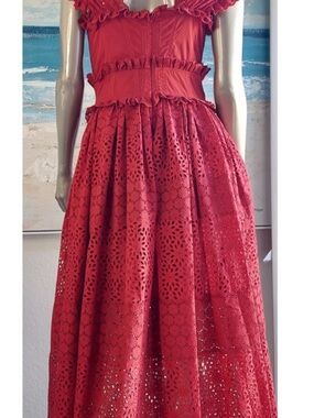 Oscar de la Renta Red Eyelet Midi Dress